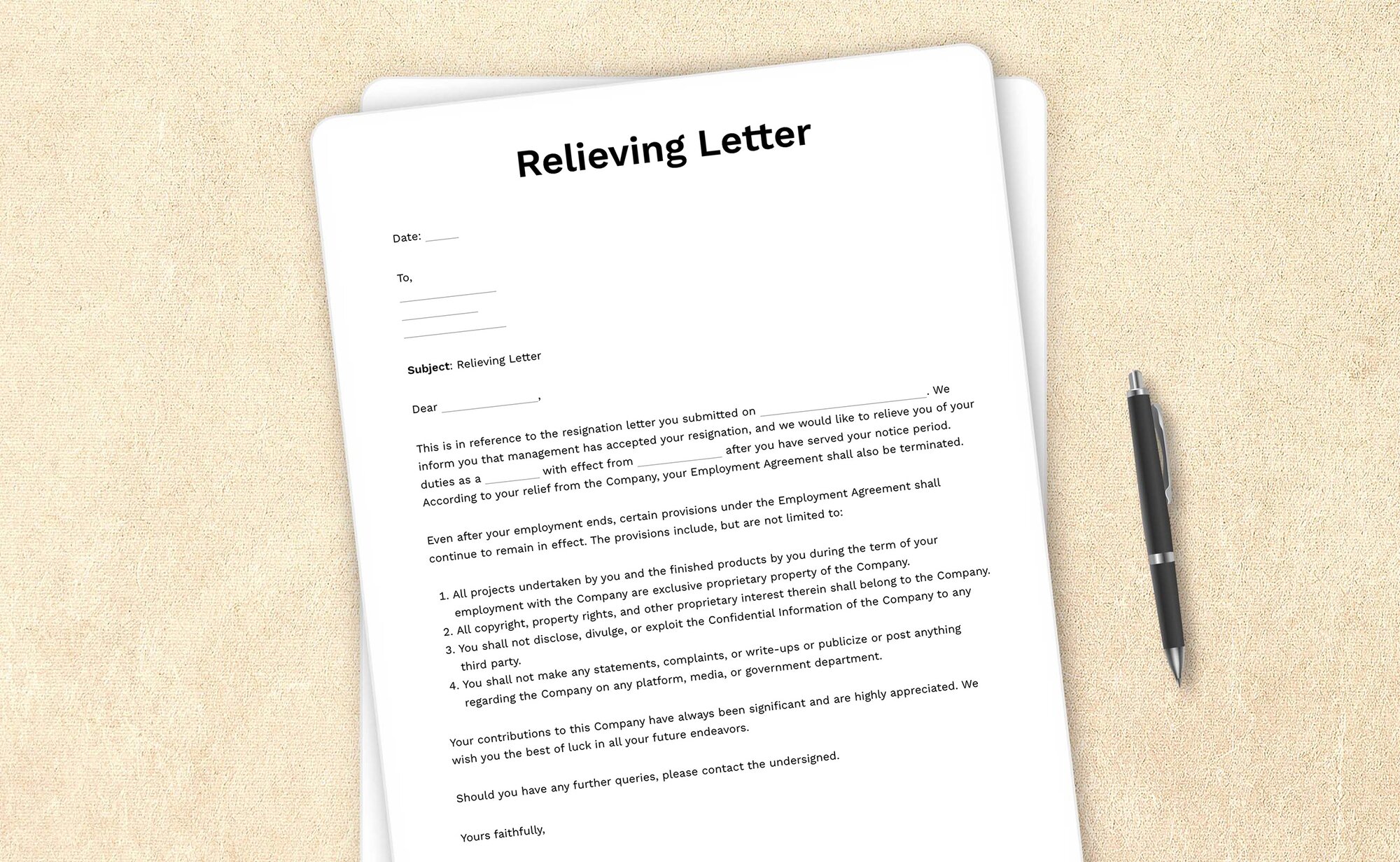 Template for a relieving letter issued to an employee on their departure from the company.