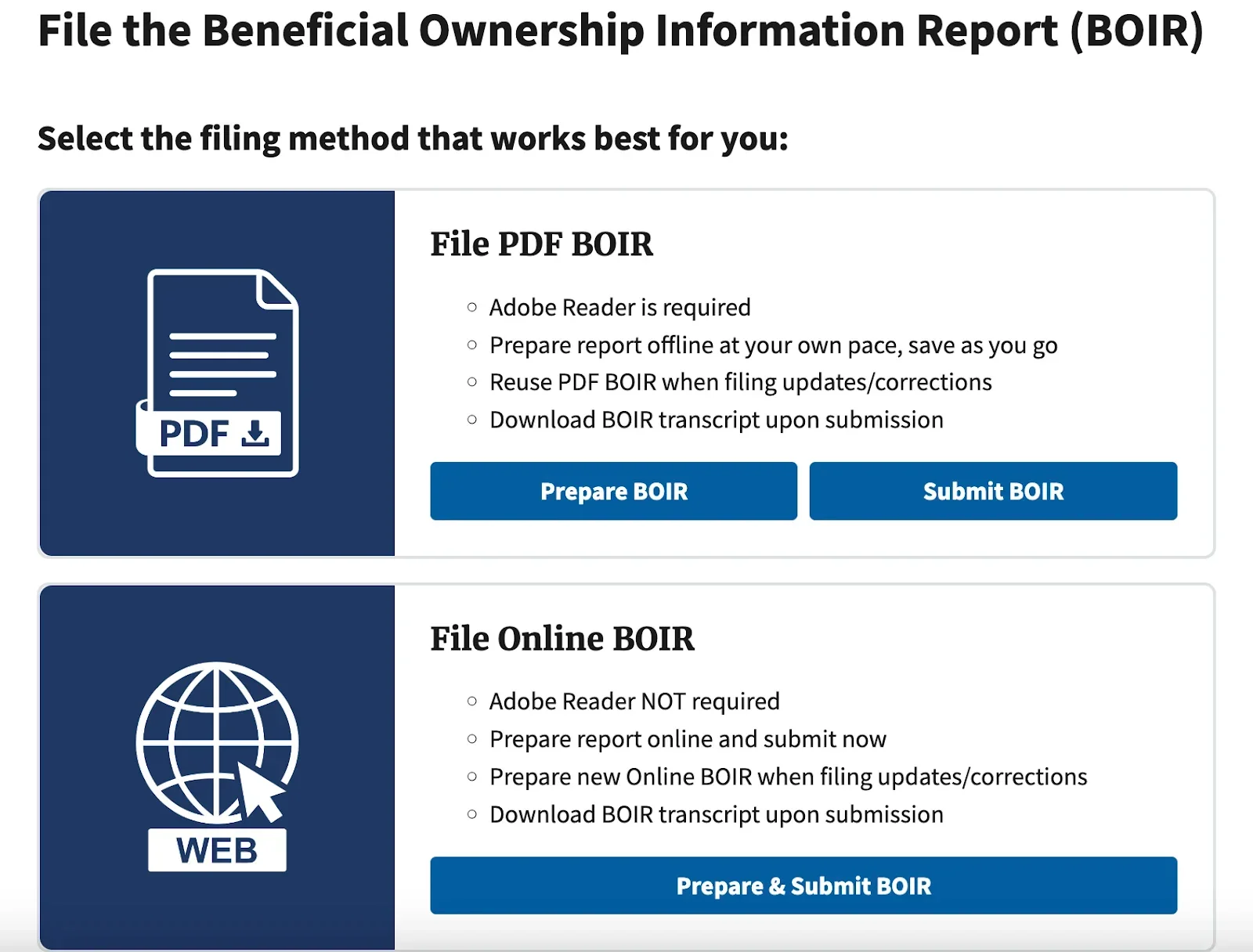 An infographic displays two methods for submitting a BOI report.