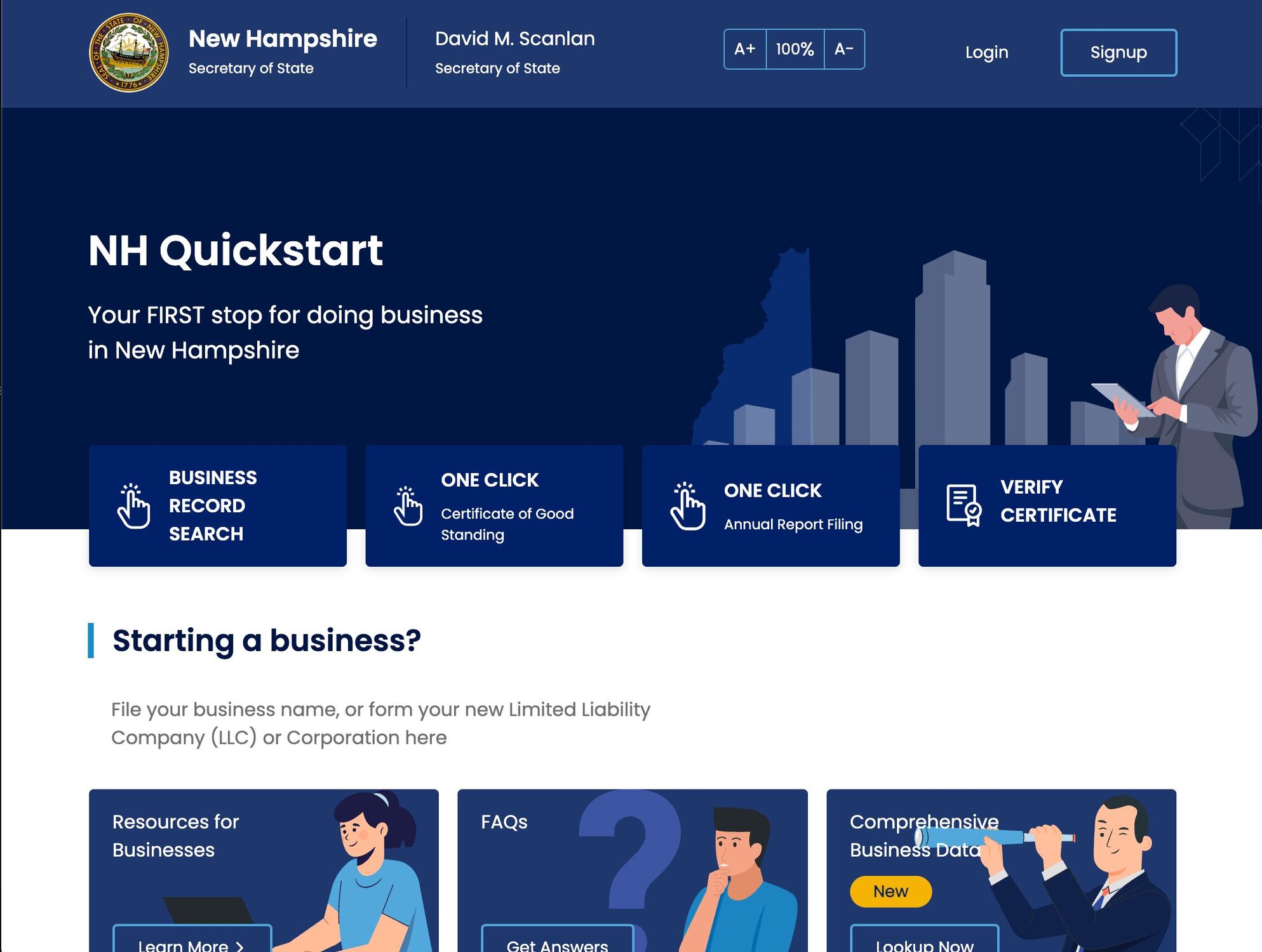 A screenshot of the NH Quick Start homepage.
