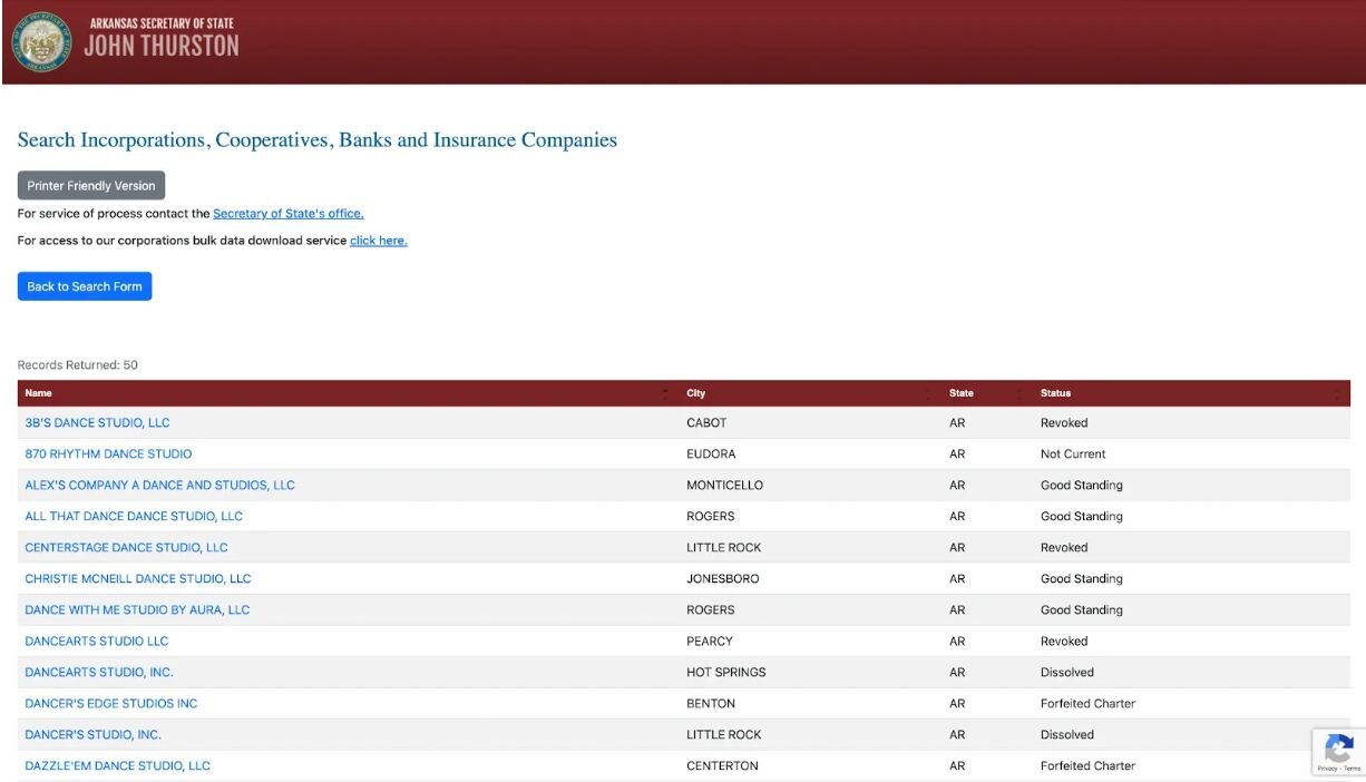 Screenshot of the Arkansas Secretary of State business search results page.