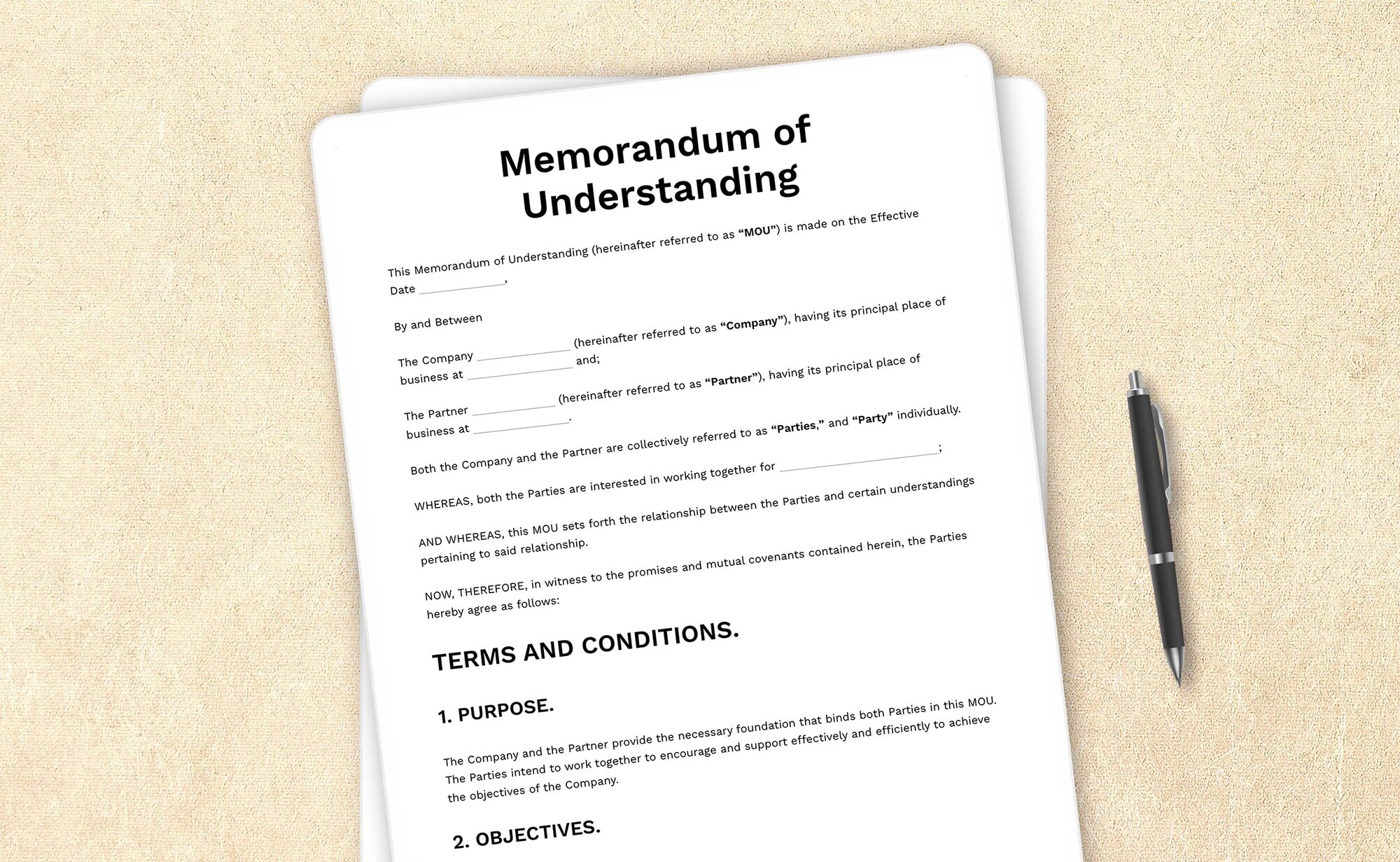 Sample memorandum of understanding (MOU) template used for non-binding agreements between parties.