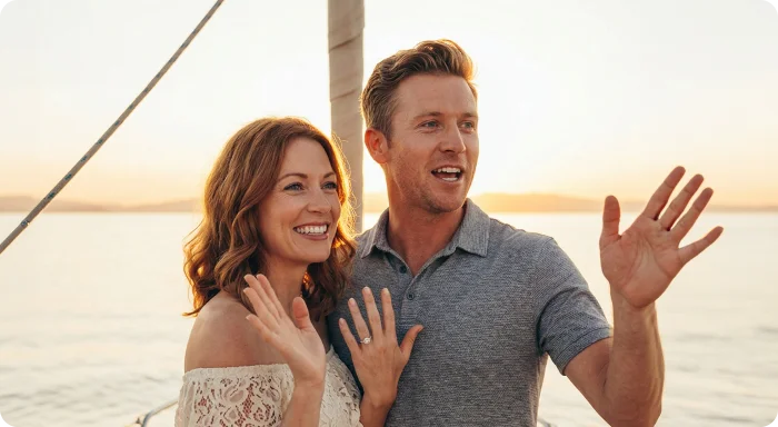 A happy couple waves to their quests at a casual sailboat celebration 