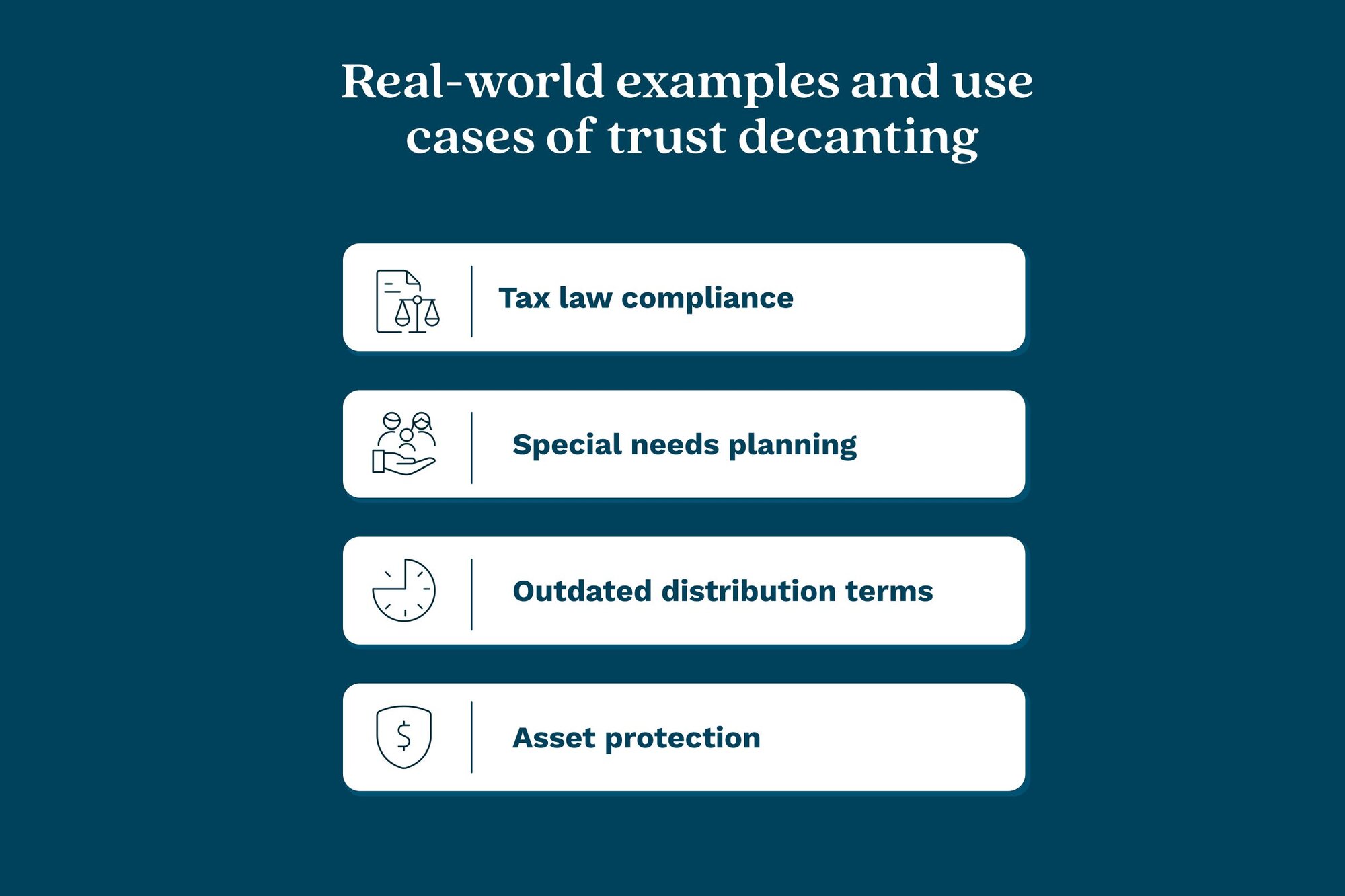 An illustration showing the real world examples and use cases of trust decanting.