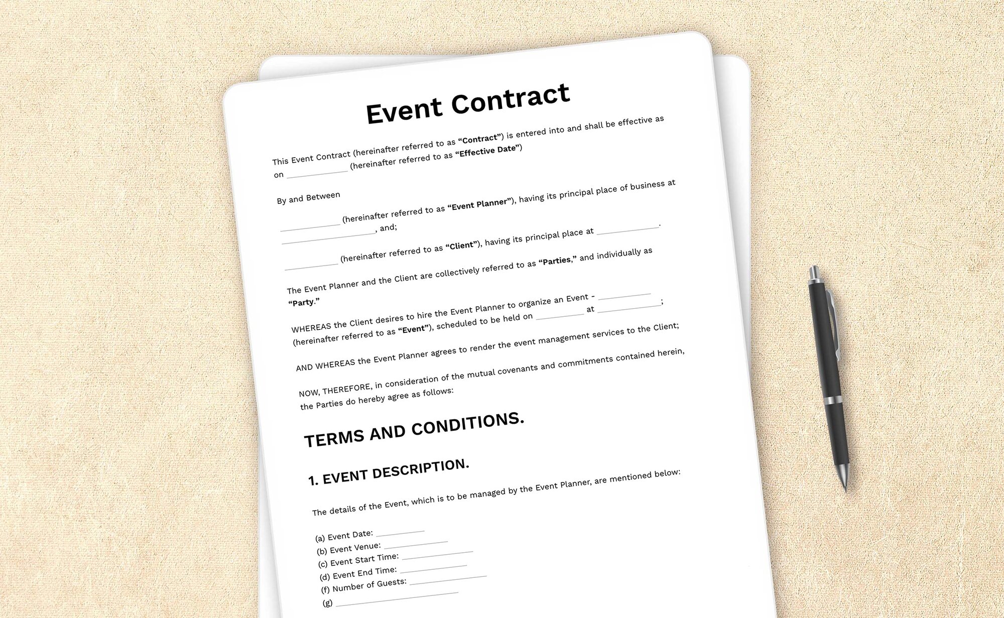 Template for an event contract specifying details for event management services.