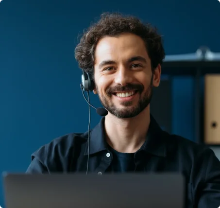 A beared, brown-haired man receives calls on a headset