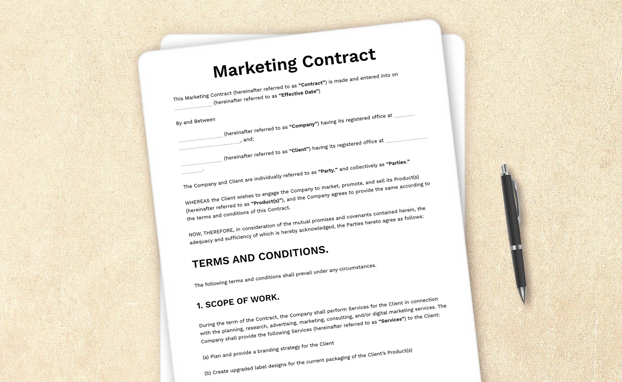 Sample marketing contract template detailing services for marketing campaigns.