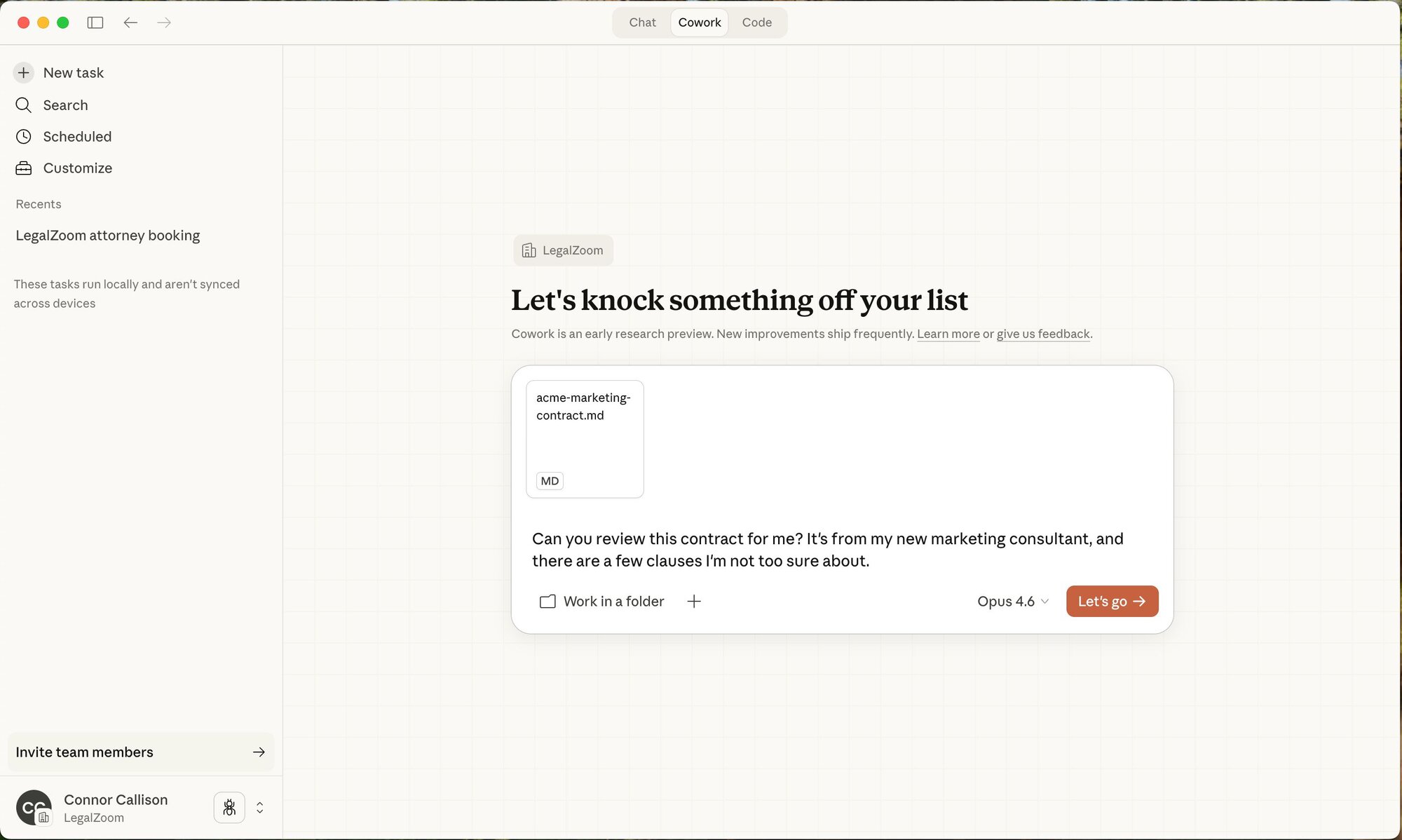A screenshot of the Claude LegalZoom Connector in practice.