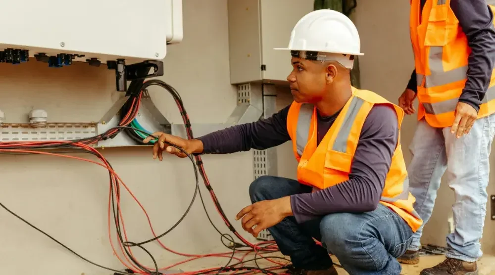An electrician in a hard hat and orange vest squats while working on power cords.