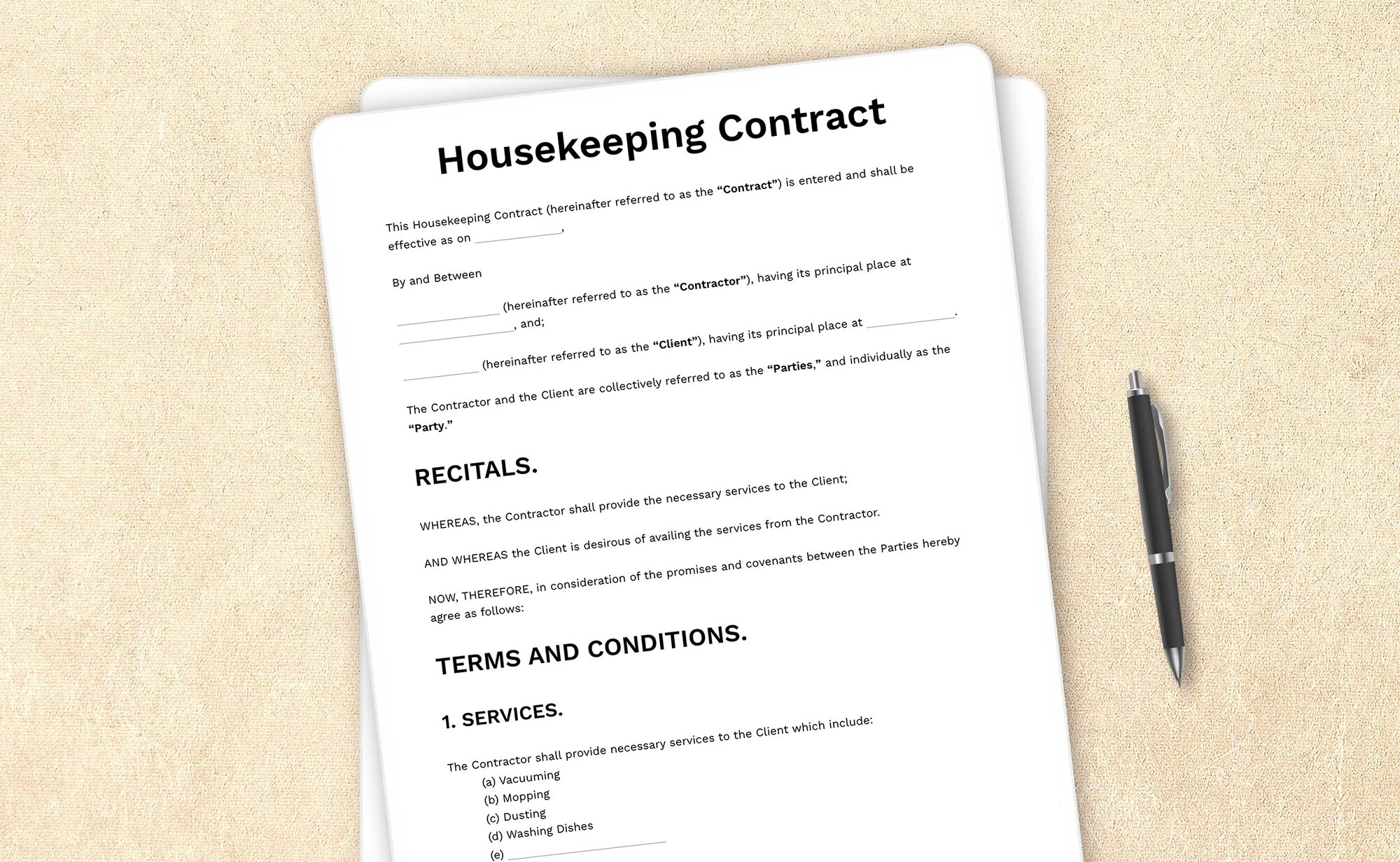 Sample housekeeping contract template for specifying cleaning service terms.