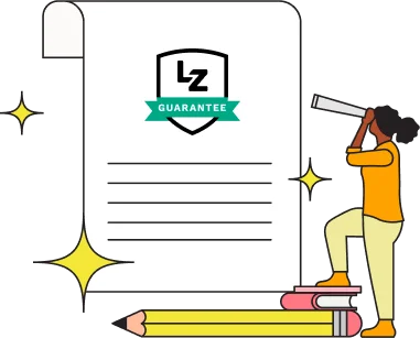 animated graphic of woman looking through telescope at a paper with LZ guarantee badge on it