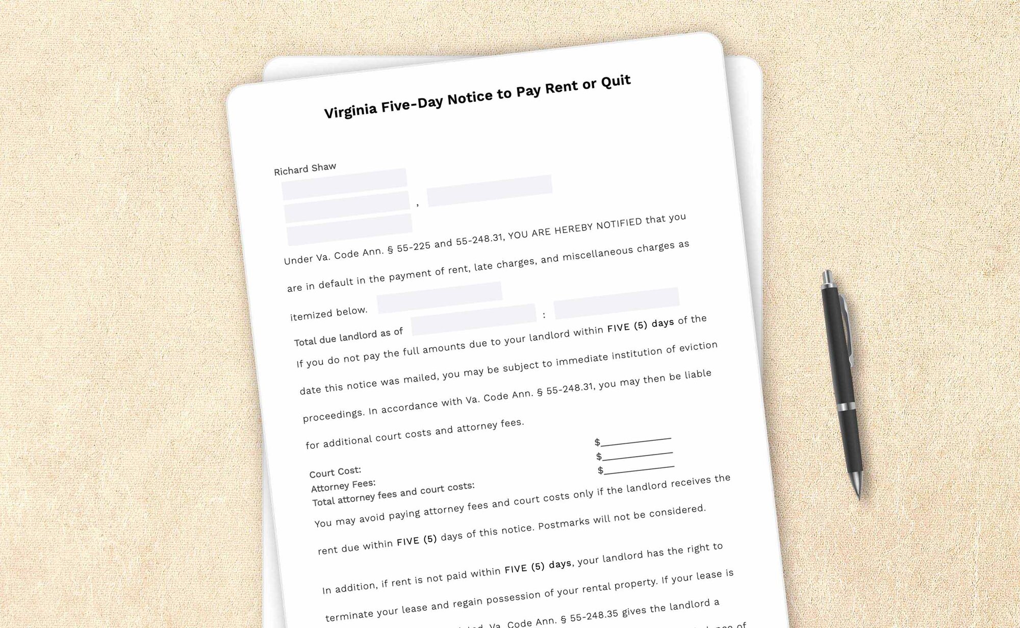 Free Virginia five-day notice to pay rent or quit template by LegalZoom. Create and download notices for free!