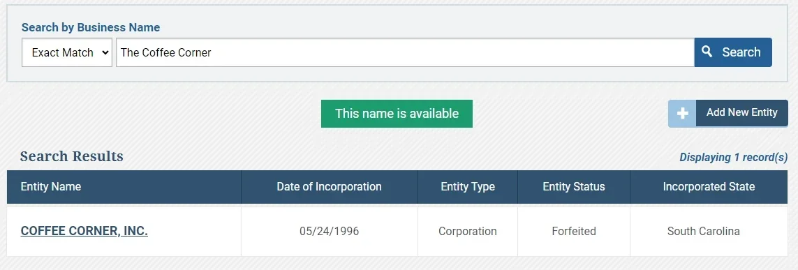 The search results tell you if a business name is taken or reserved.