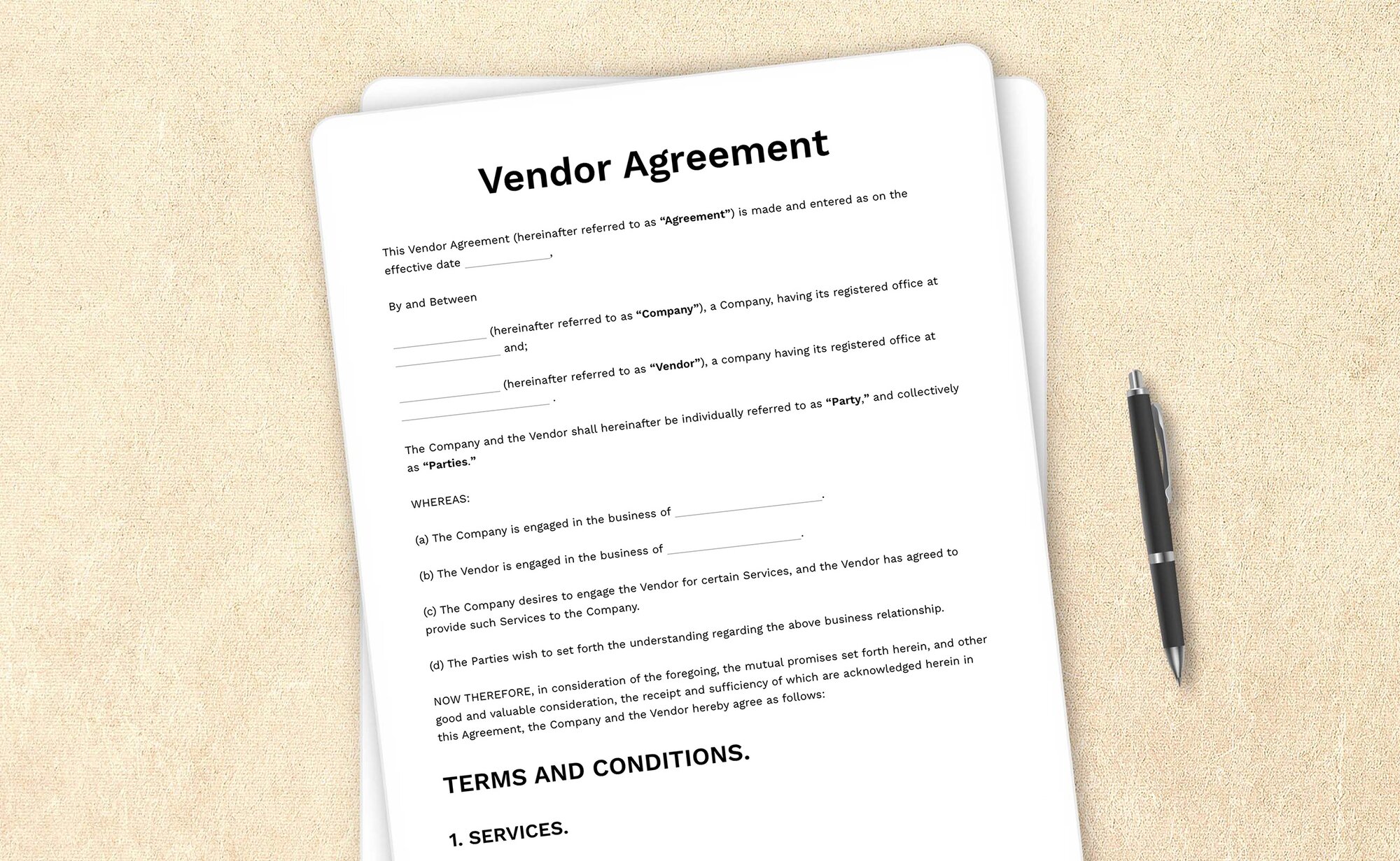 Template for a vendor agreement specifying the terms between a vendor and buyer.