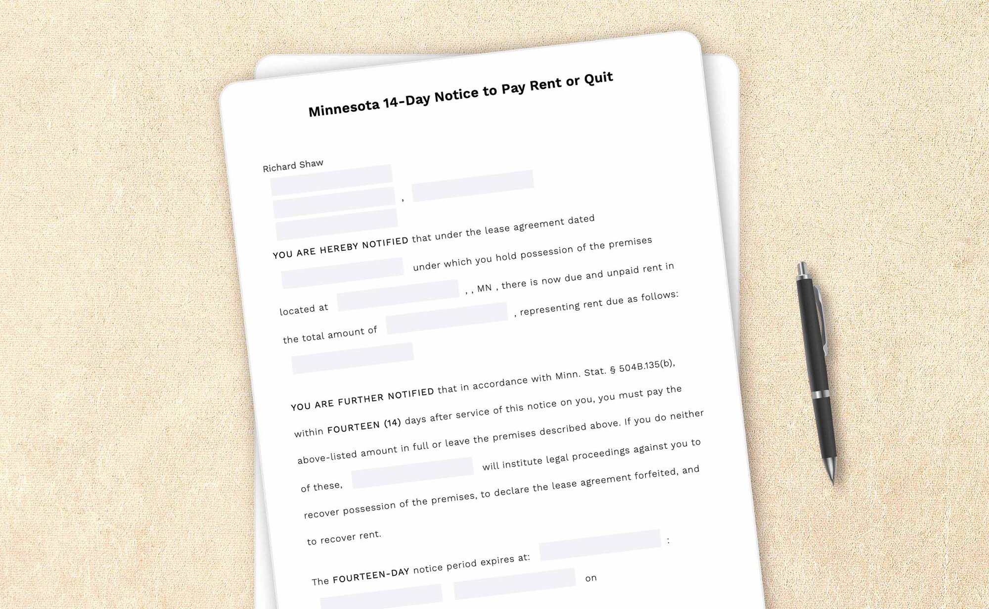 Minnesota fourteen-day notice to pay rent or quit template by LegalZoom. Create and download notices easily!