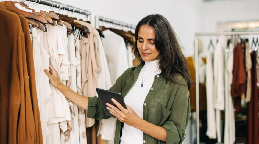 Women gently leans against a clothing rack, wondering how she can trademark her clothing brand