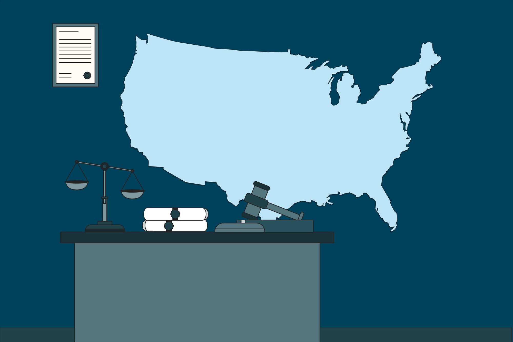 An illustration of the map of the USA and different law books describing the state laws affecting trust decanting.