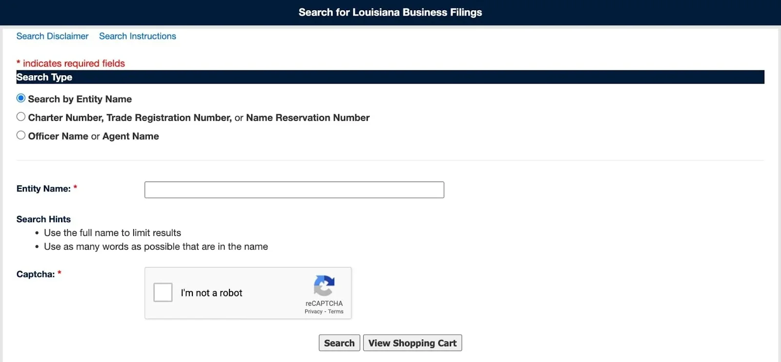A screenshot shows the online search page for Louisiana business filings.
