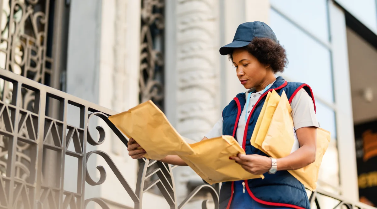 A female USPS worker out on delivery, examining packages.