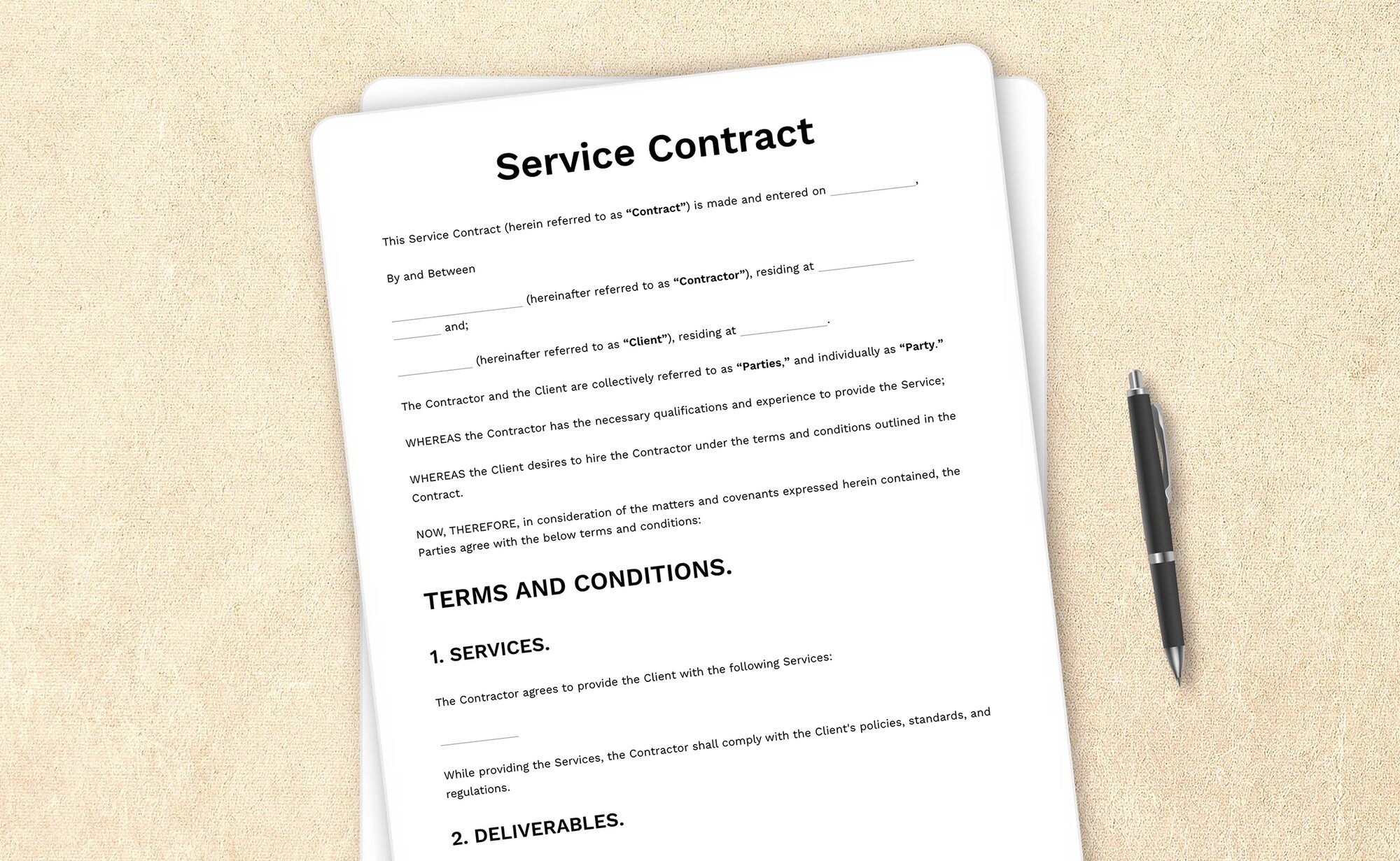 Template for a service contract specifying terms between a service provider and a client.