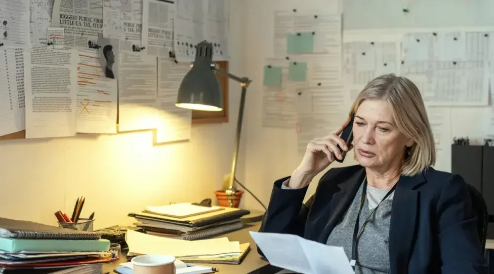 A woman sits in an office, looking at paperwork and holding a phone to her ear.