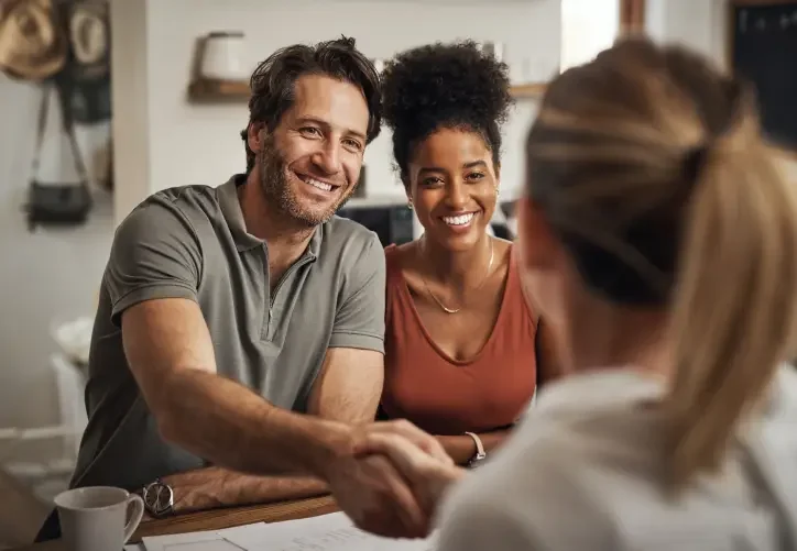 a couple meet and shake the hands in a business meeting.