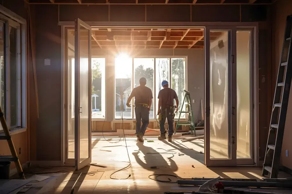 Two men standing in a room that is under constructions. Framing is exposed and sun shines through freshly-installed windows.