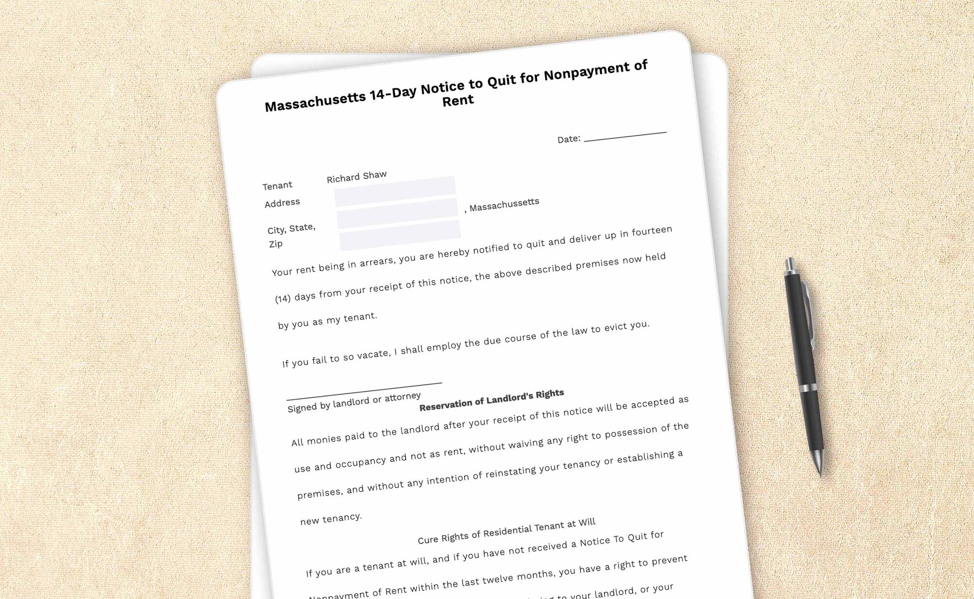 Free Massachusetts fourteen-day notice to quit for non-payment of rent template by LegalZoom. Create and download notices for free!