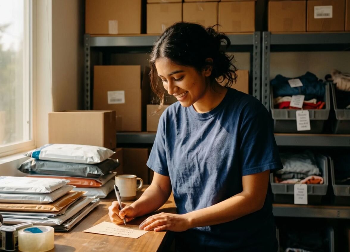A woman working at a desk.