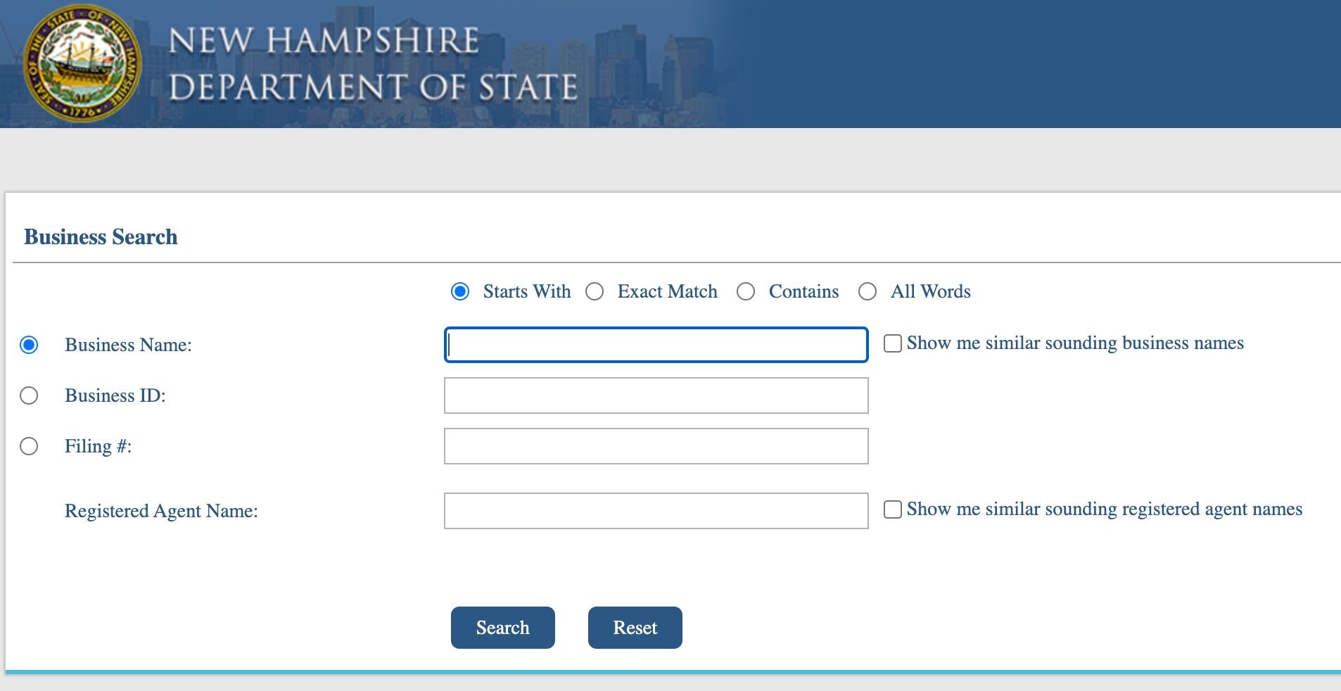 A screenshot of the New Hampshire business search portal showing search options.