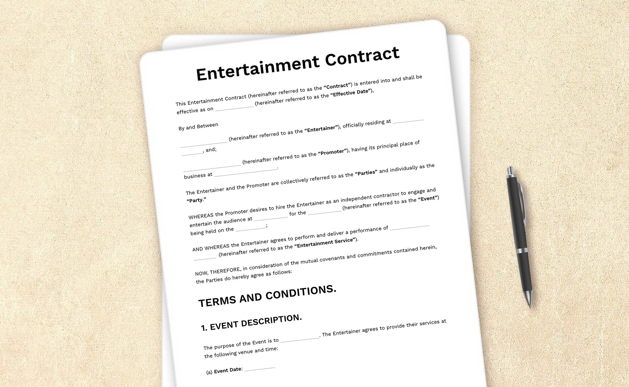 Template for an entertainment contract between performers and event organizers.