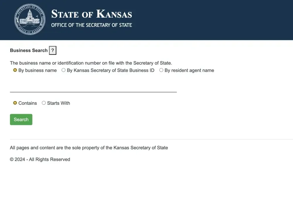 A screenshot of the main page for the State of Kansas' online Business Search website