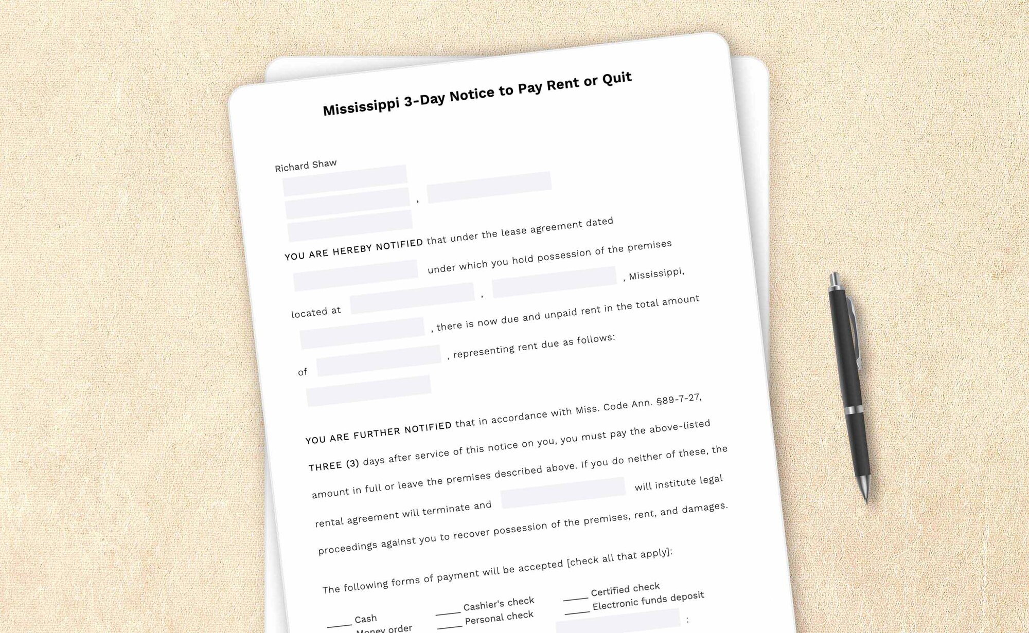 Mississippi three-day notice to pay rent or quit template by LegalZoom. Create and download notices easily!