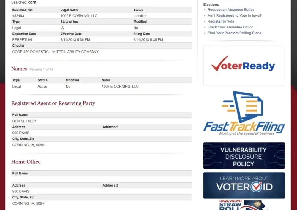 A screenshot of the Iowa business entities search results page for a business.