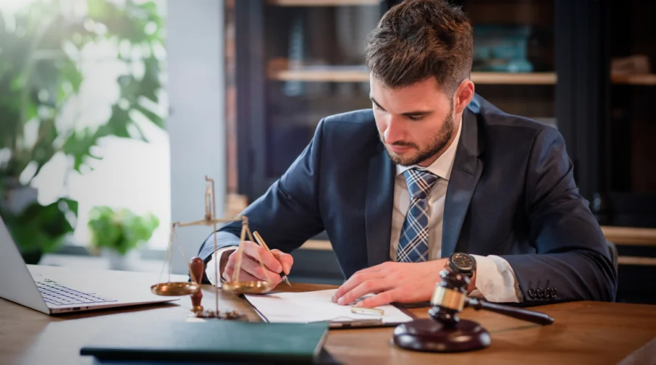 Man sits at his desk and works on his papers