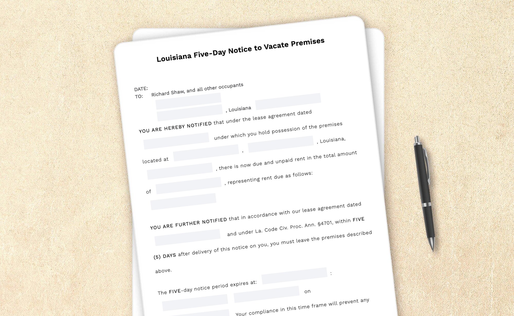 Louisiana five-day notice to vacate premises template by LegalZoom. Create and download notices easily!