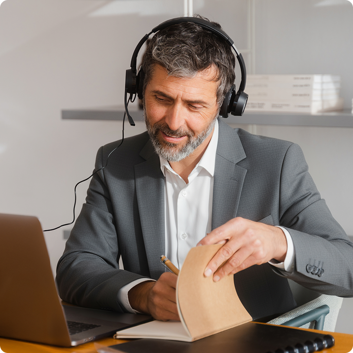 A Gray-haired man works at his desk