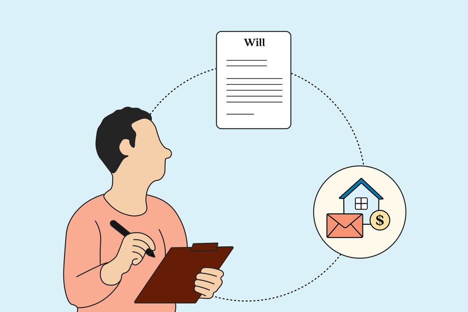 An illustration of a man editing his will to add a bequest that could be his property or cash. 