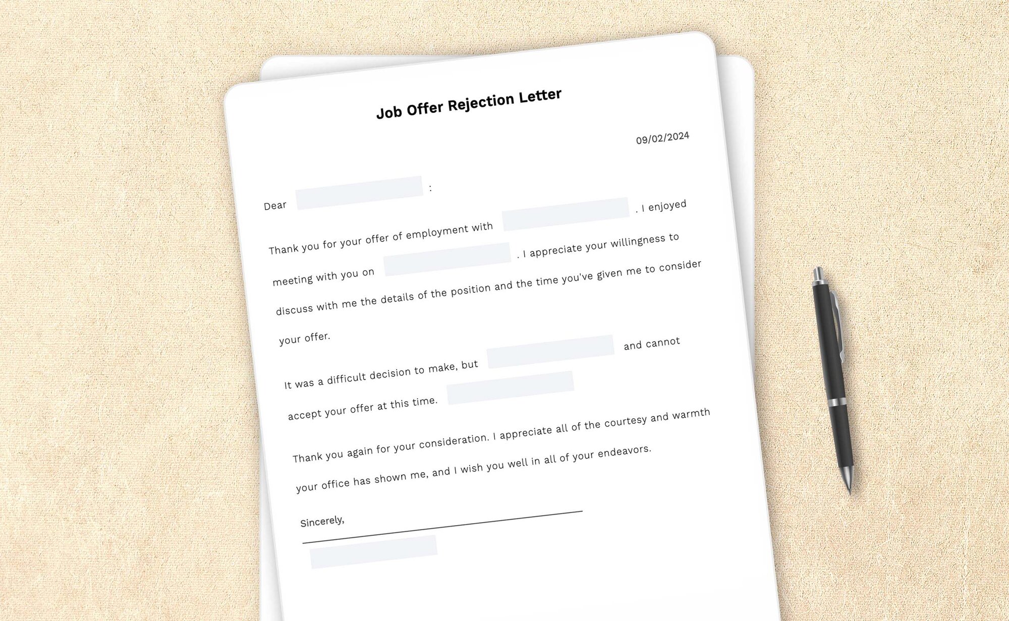 Job offer rejection letter template by LegalZoom. Create and download letters easily!