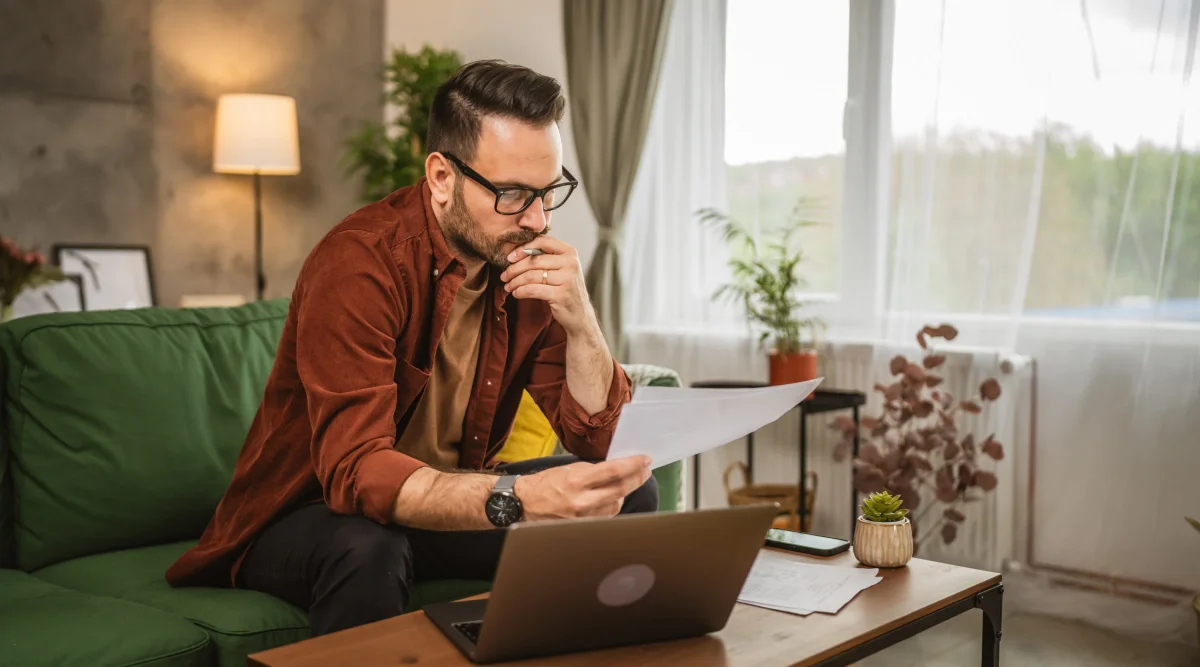 Man reading a document on a couch with a laptop