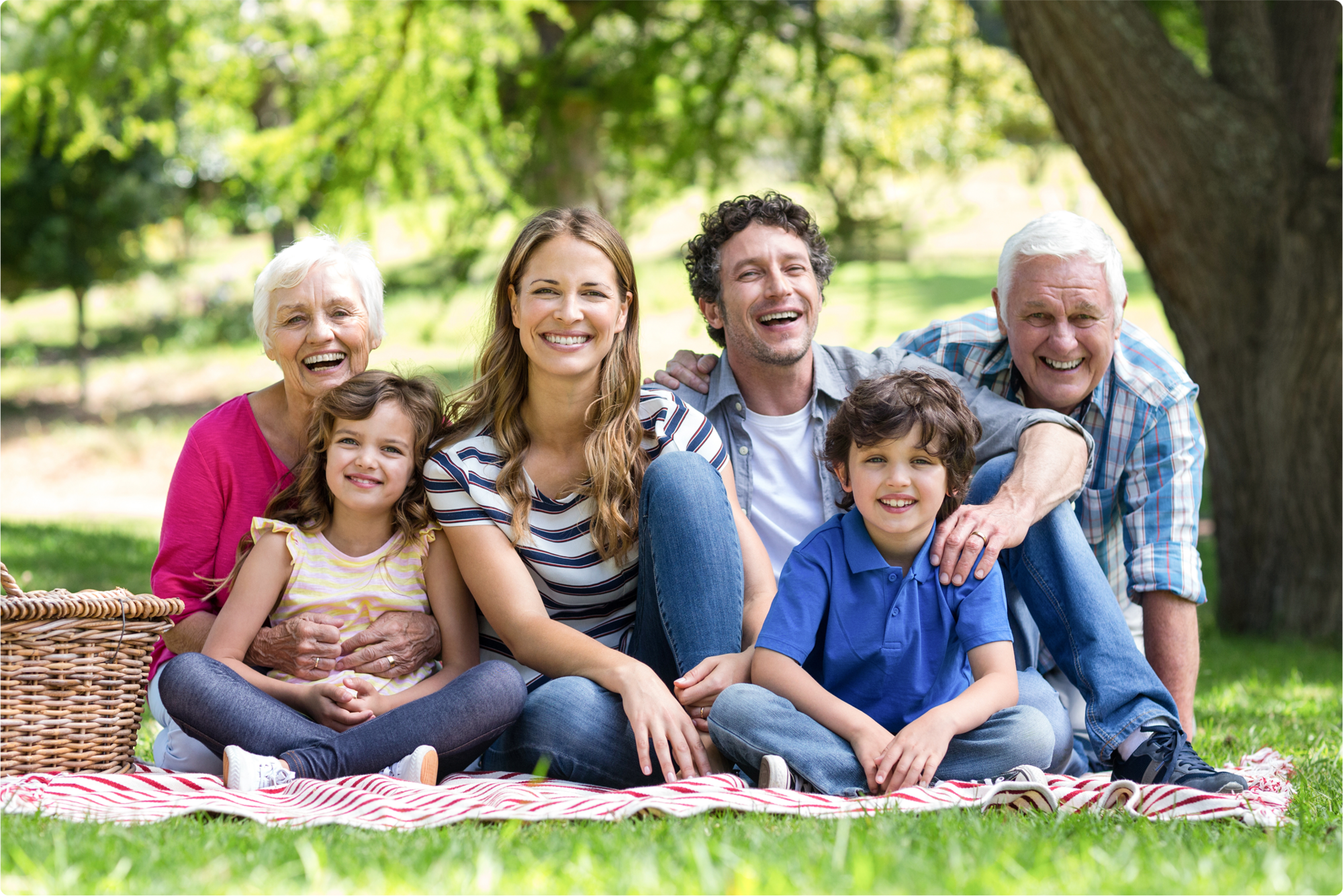A family including grandparents, husband and wife, and two kids out in a park for a family picnic, illustrating the concept of contingent beneficiaries.