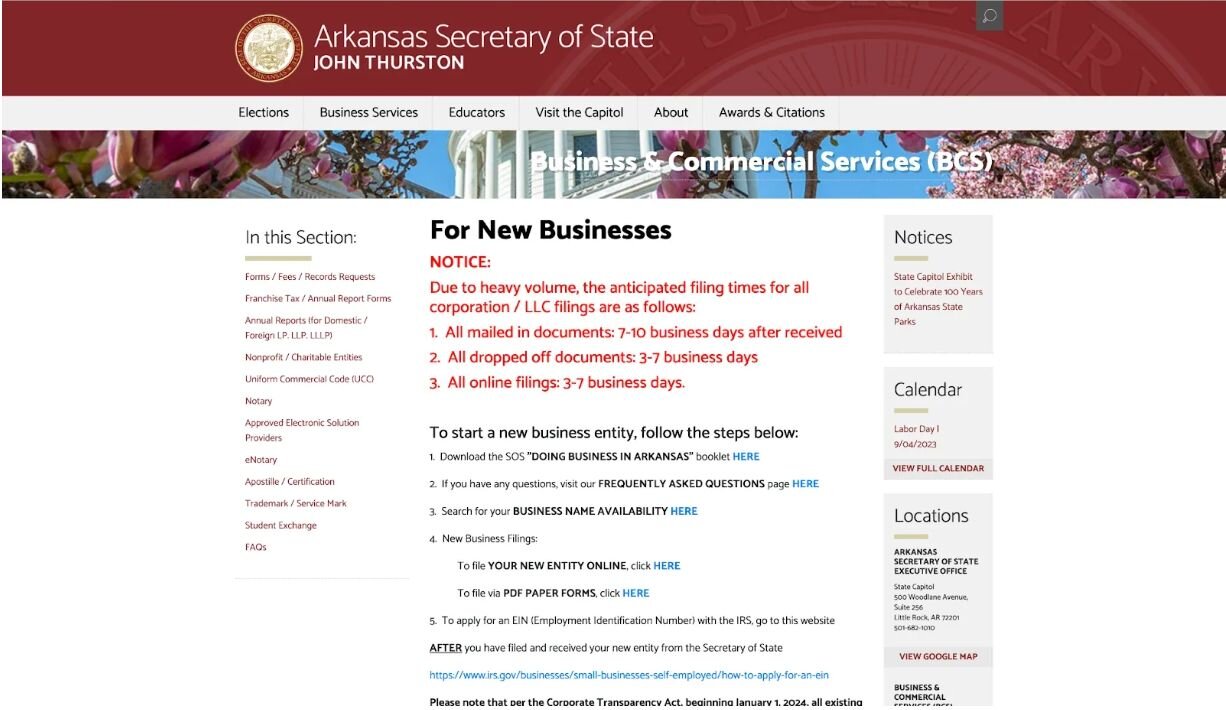 A screenshot of the Arkansas Secretary of State homepage.