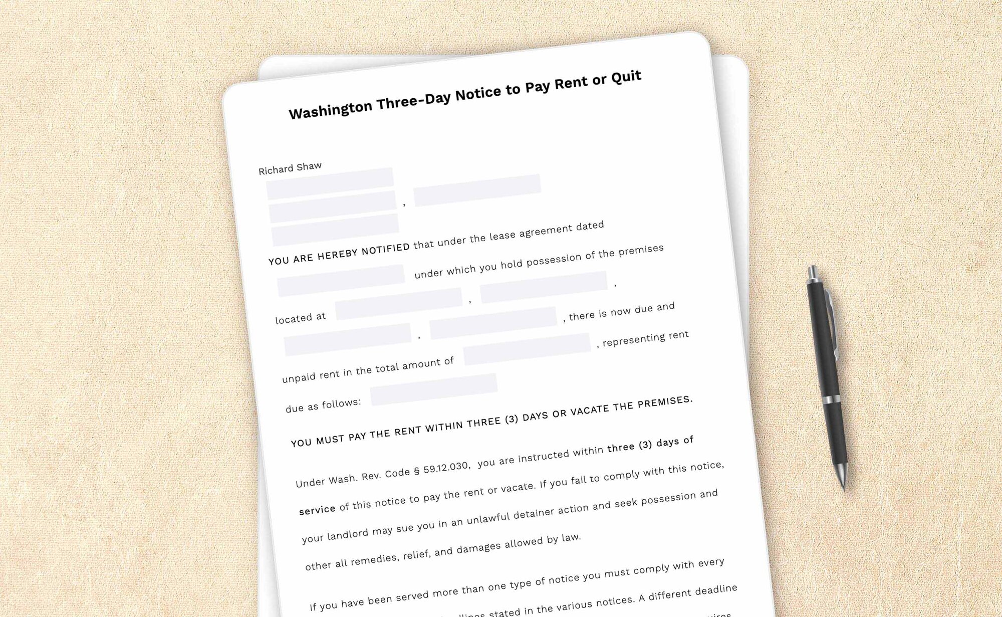 Washington three-day notice to pay rent or quit template by LegalZoom. Create and download notices easily!