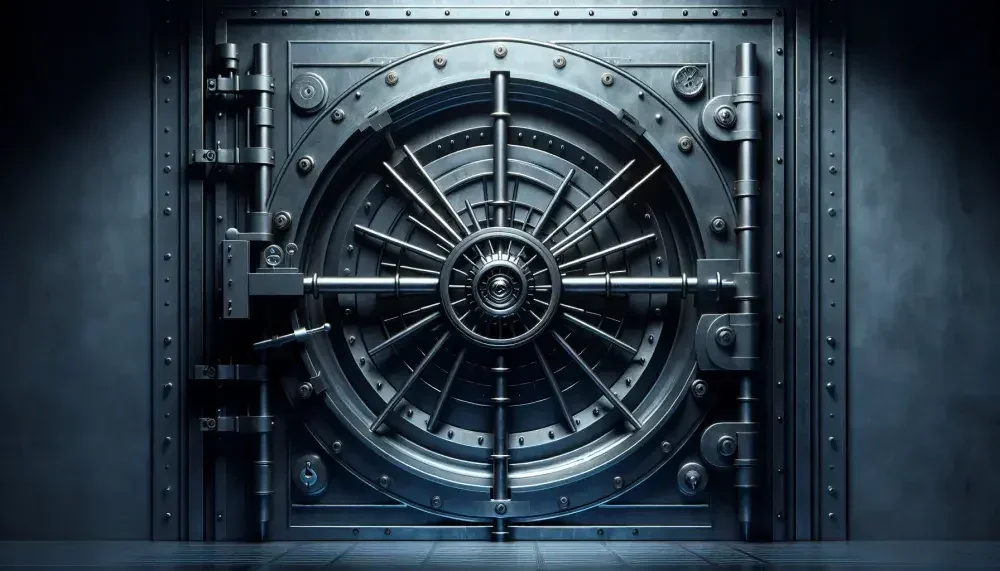 A large vault door made out of metal is securely closed against its frame.