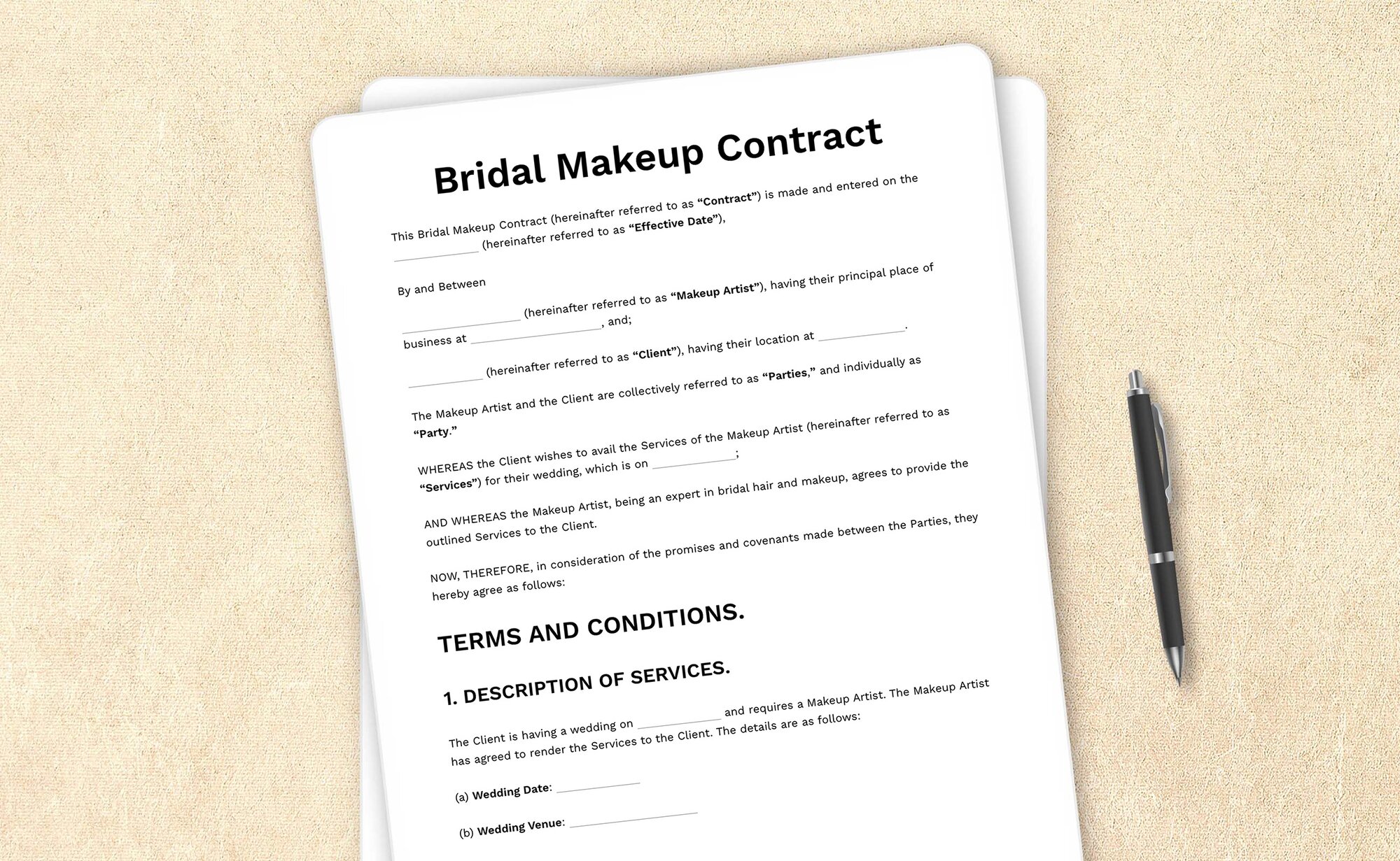 Template for a bridal makeup contract outlining makeup services for weddings.