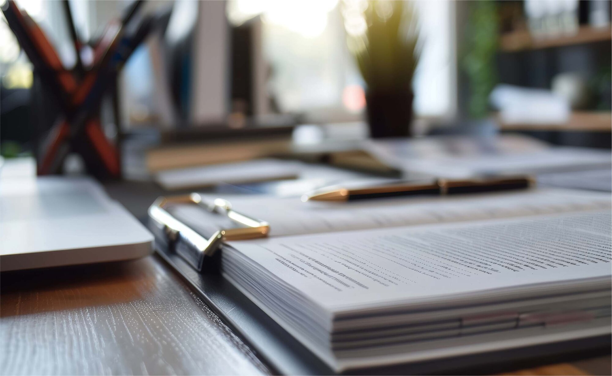 An image of an employee handbook on a table with a laptop and pen stand on the table.