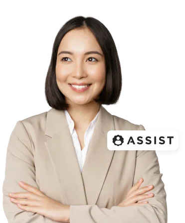 A family law attorney standing and smiling with her arms crossed with assist badge