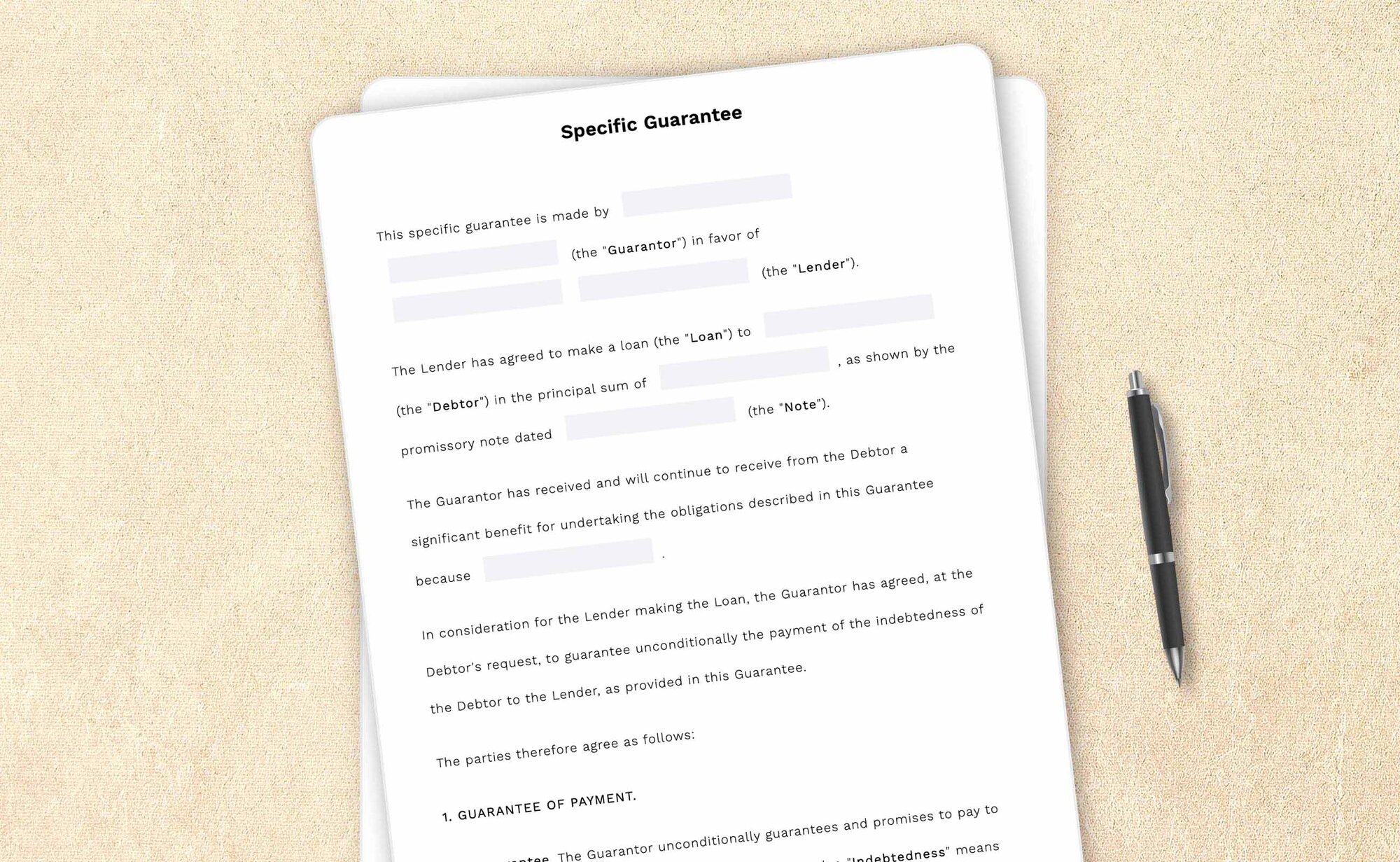 Professional specific guarantee template by LegalZoom. Easily draft, edit, and download your agreements!