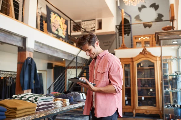 a man in a salmon colored collared shirt uses his tablet.