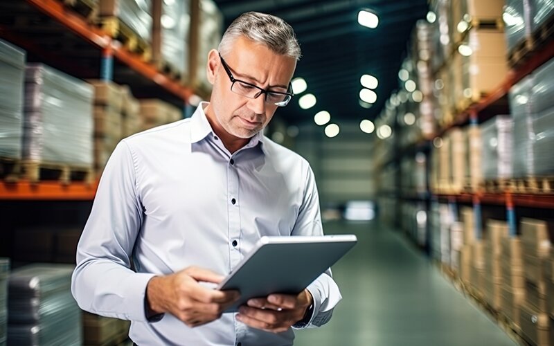 An image of a man looking at a ledger in a warehouse.