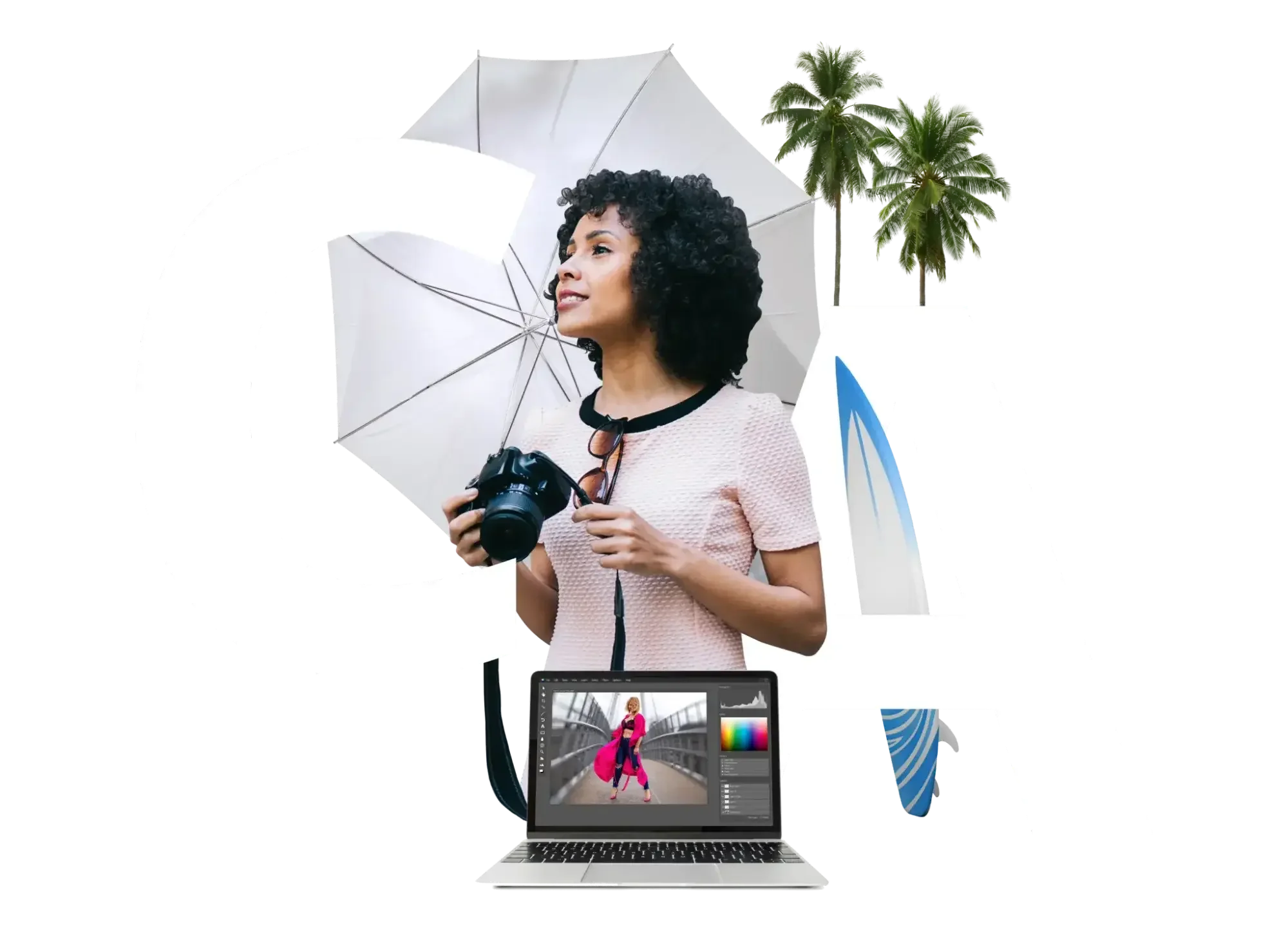 A smiling woman with curly hair is holding a camera and an umbrella, with palm trees in the background. Below her is a laptop showing an image editing screen. The large white letters "CA" for California are in the background.